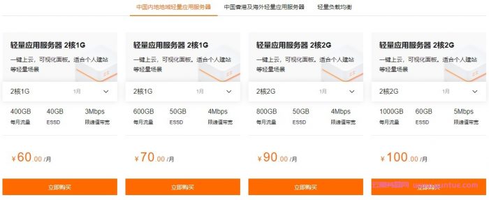 阿里云轻量应用服务器:国内2核1G低至60元/月,香港及海外低至24元/月,轻量负载均衡低至60元/月